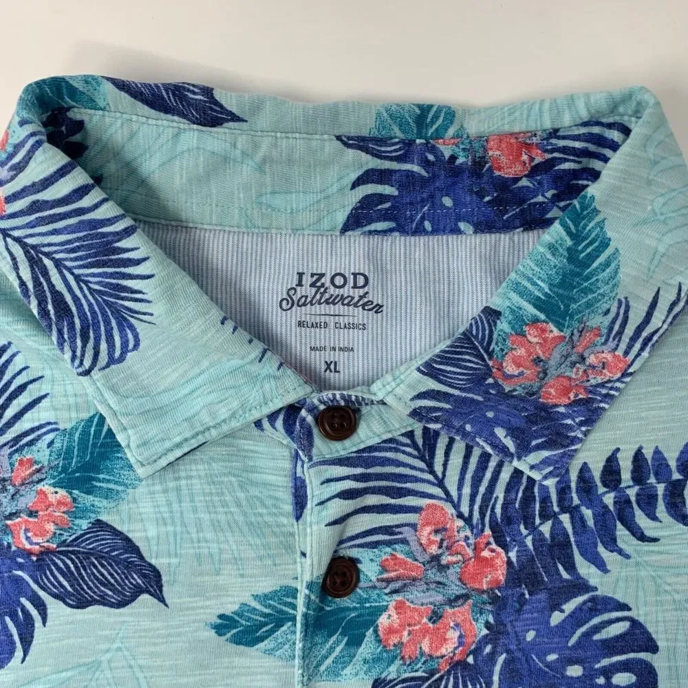 IZOD Saltwater Teal Tropical Relaxed Classic Mens Short Sleeve Polo Shirt‎ Sz XL